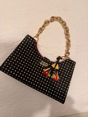 Black Studded Shoulder Bag with Gold Chain and Tassel